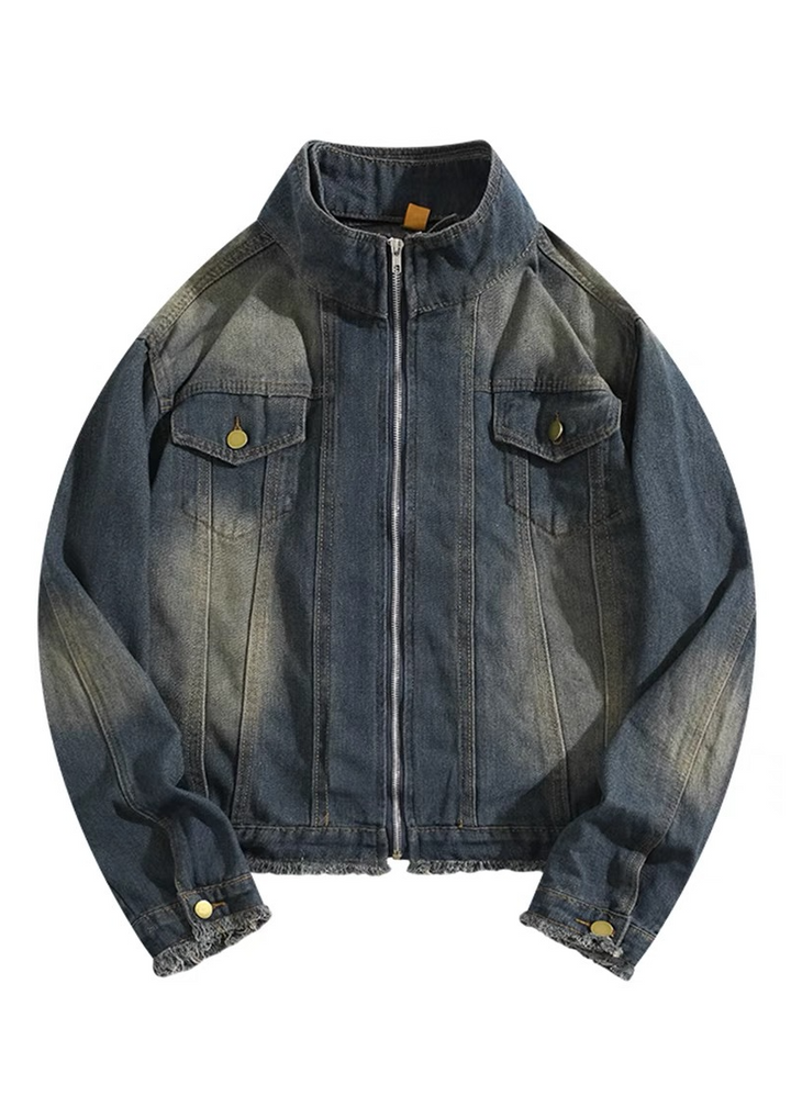 STAND COLLAR SHORT WASHED DENIM JACKET BEDES4533