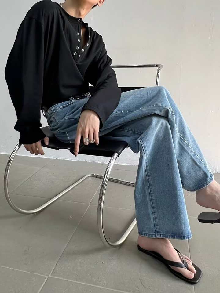 BUTTON NECK LOOSE LONG T-SHIRT BEDES4636