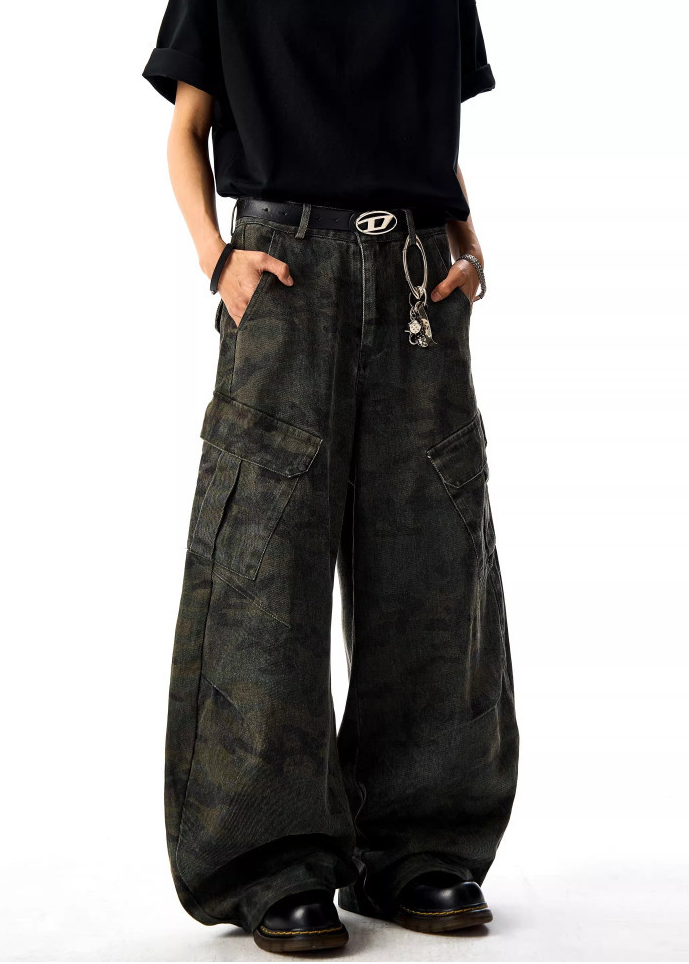 WASHED CURVE CAMO WIDE CARGO PANTS BEDES4718