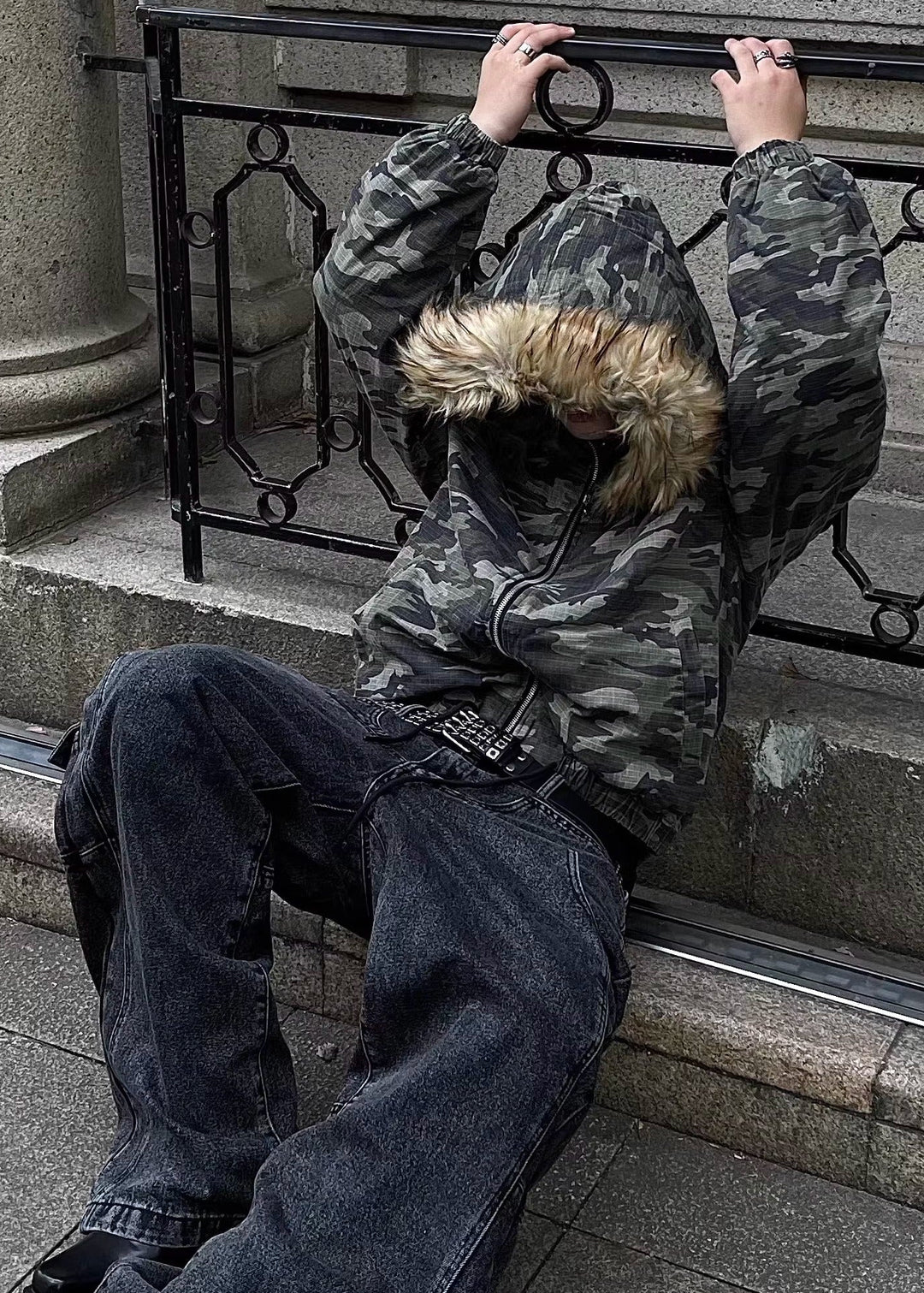 CAMO FUR HOODED JACKET DFDES4501