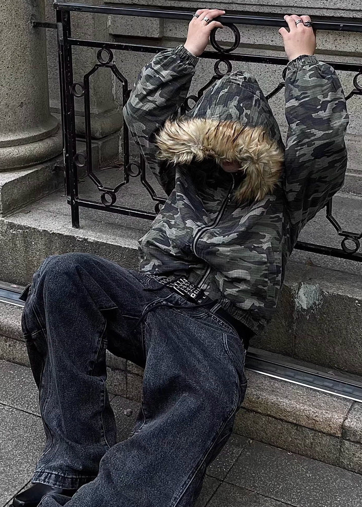 CAMO FUR HOODED JACKET DFDES4501