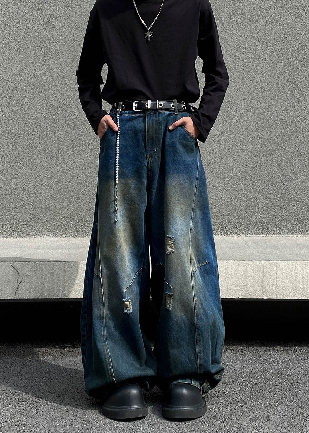 FADE DAMAGED WIDE BAGGY DENIM AEDES4566 - Deuku