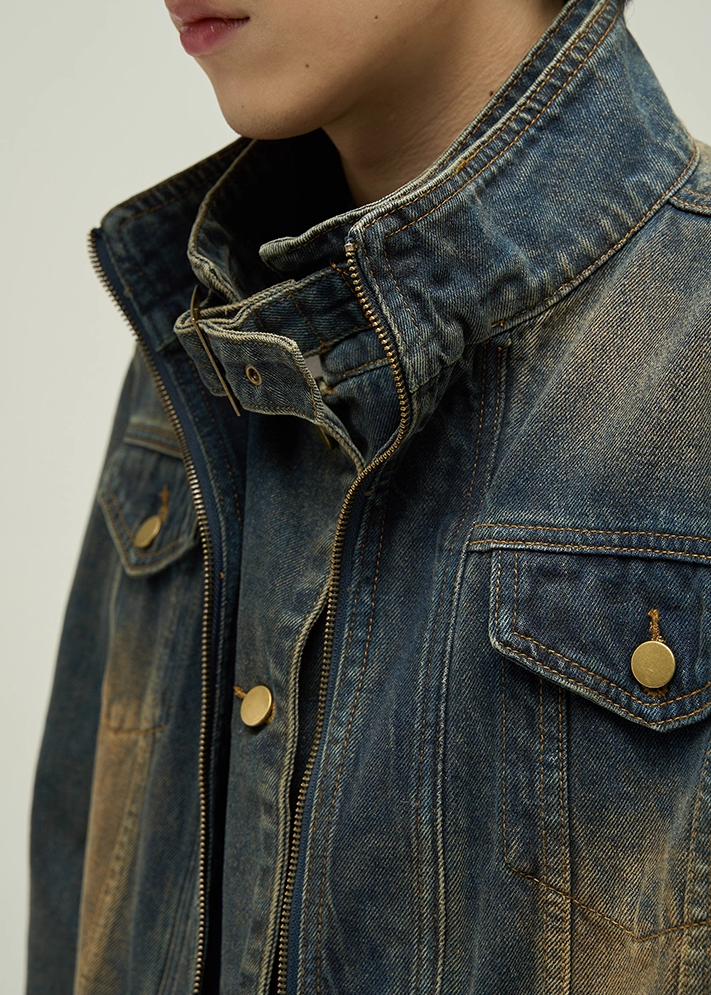 STAND COLLAR SHORT WASHED DENIM JACKET BEDES4533