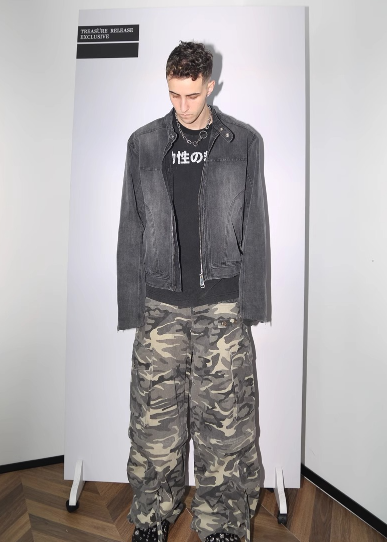 WASHED DENIM BIKER JACKET CHARCOAL GRAY BEDES4536