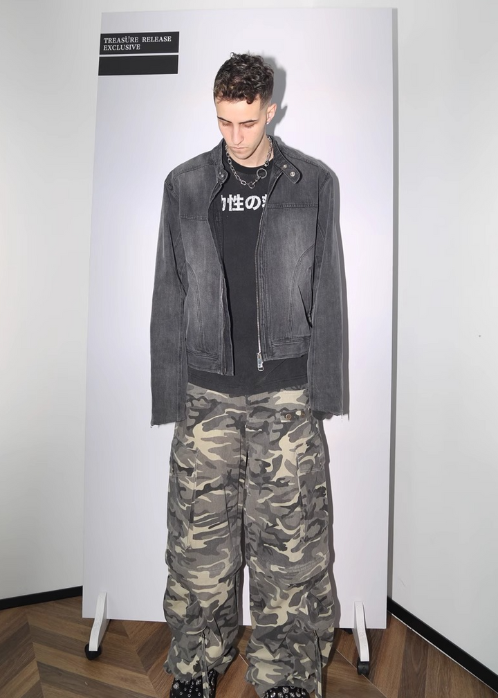 WASHED DENIM BIKER JACKET CHARCOAL GRAY BEDES4536