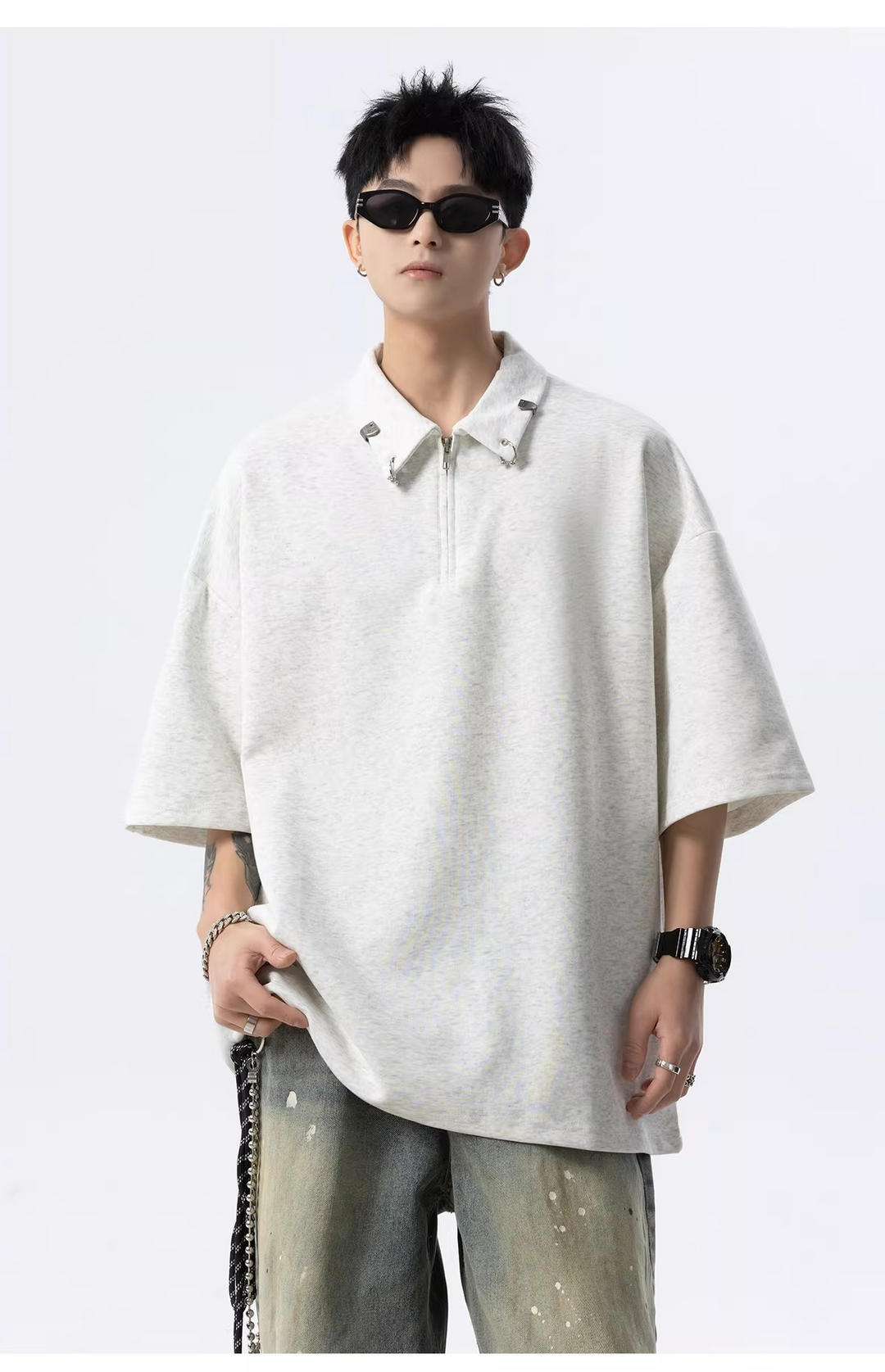 HALF ZIP PIERCED OVERSIZED T-SHIRT BEDES4634