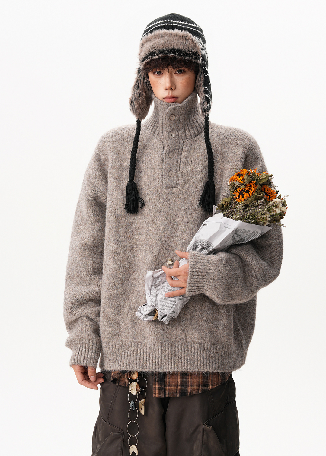 BUTTONED HIGH COLLAR KNIT SWEATER BEDES4549