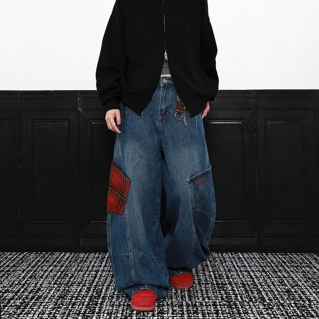 PLAID PATCH WIDE CURVE DENIM PANTS AEDES4579 - Deuku
