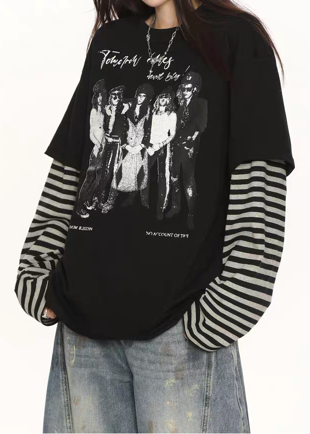 LAYERED STRIPE SLEEVE GRAPHIC TEE DFDES4617