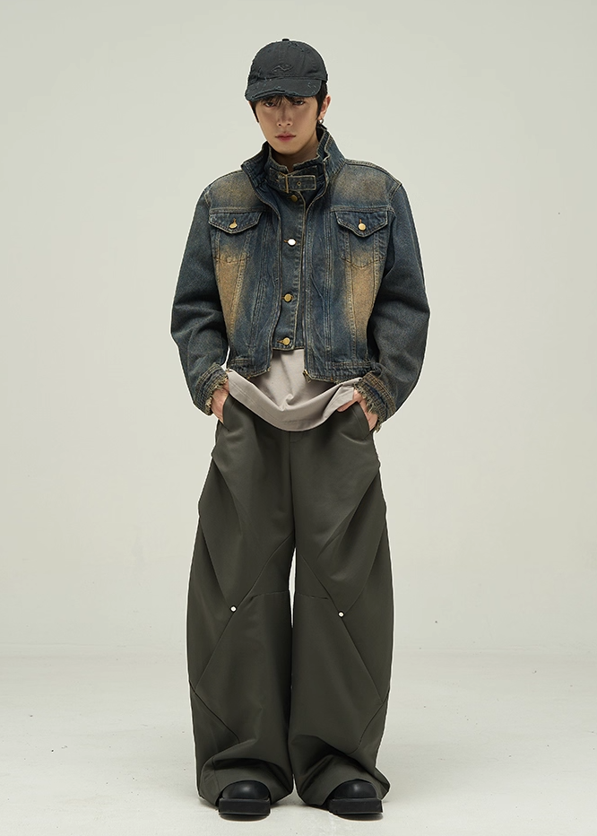 STAND COLLAR SHORT WASHED DENIM JACKET BEDES4533