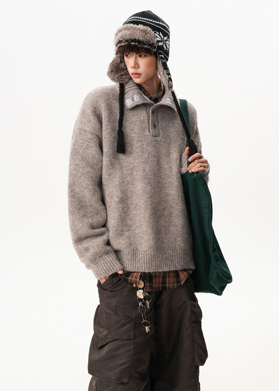 BUTTONED HIGH COLLAR KNIT SWEATER BEDES4549