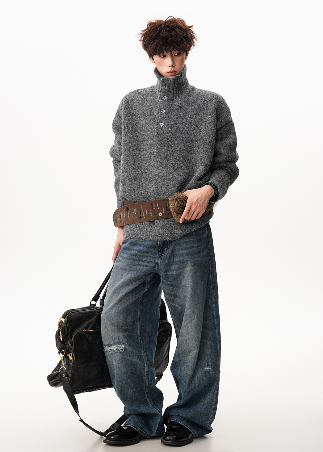 BUTTONED HIGH COLLAR KNIT SWEATER BEDES4549