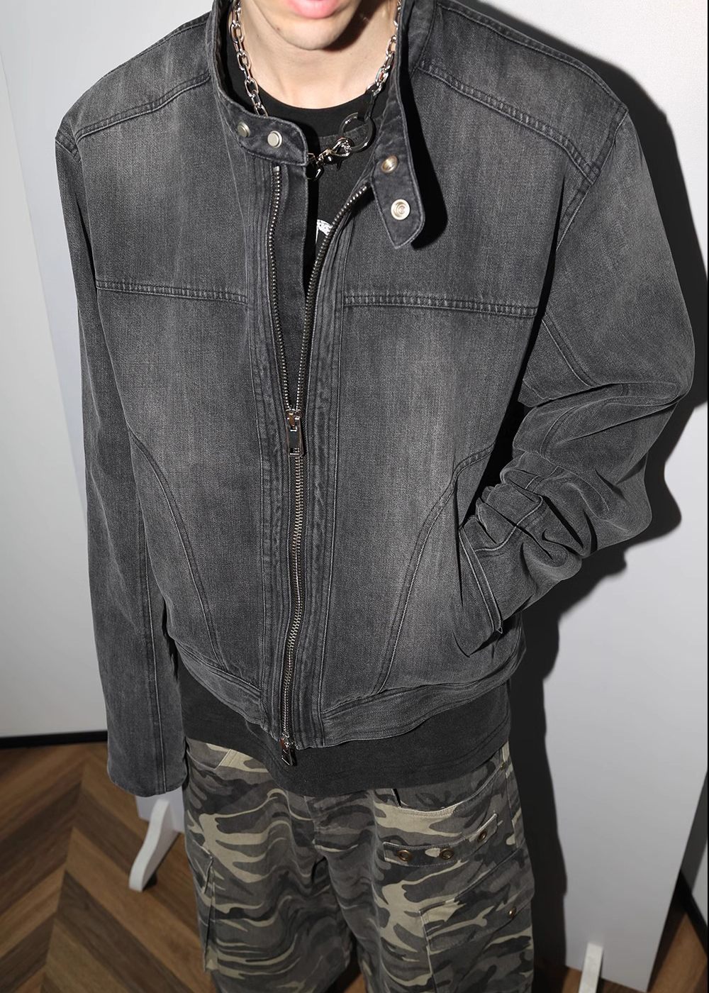 WASHED DENIM BIKER JACKET CHARCOAL GRAY BEDES4536