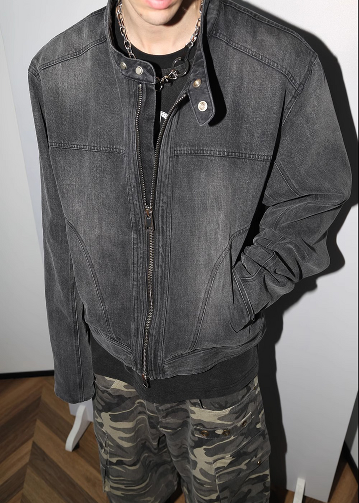 WASHED DENIM BIKER JACKET CHARCOAL GRAY BEDES4536