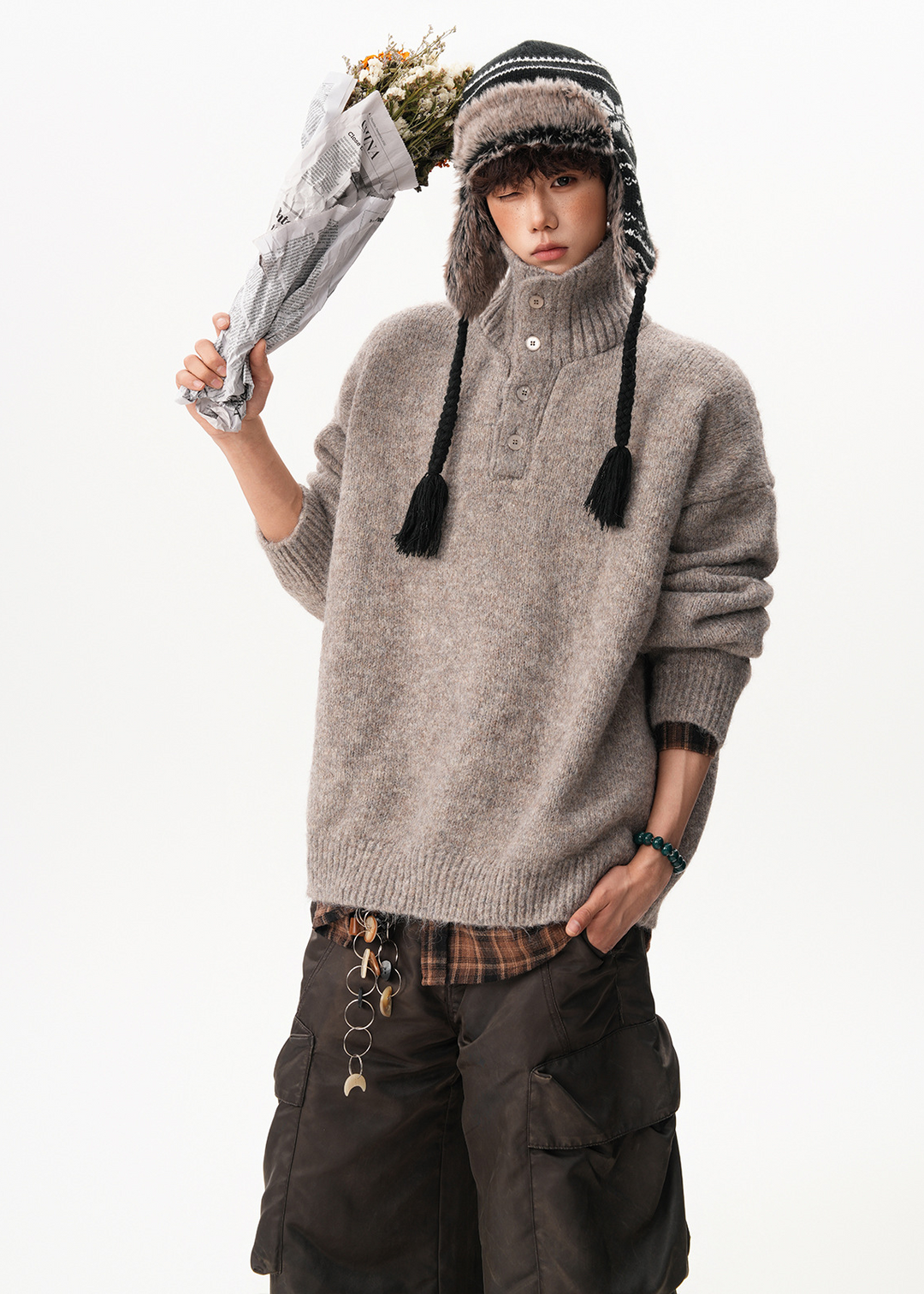 BUTTONED HIGH COLLAR KNIT SWEATER BEDES4549