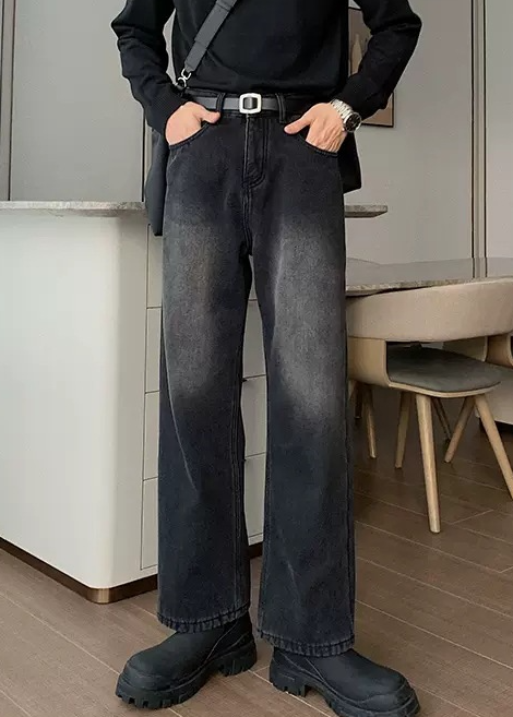 FADED SEMI FLARE BLACK DENIM PANTS BEDES4749