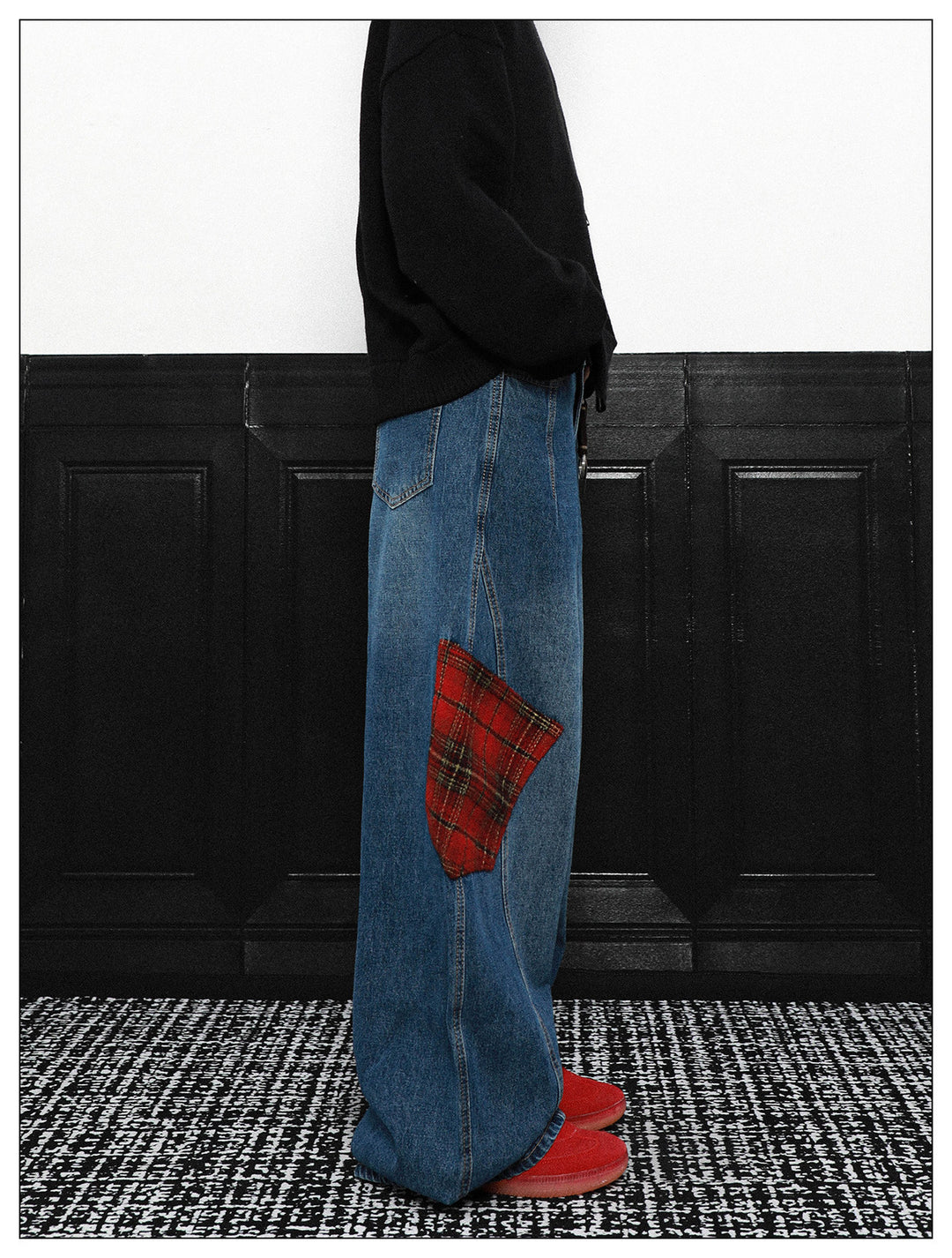 PLAID PATCH WIDE CURVE DENIM PANTS AEDES4579 - Deuku