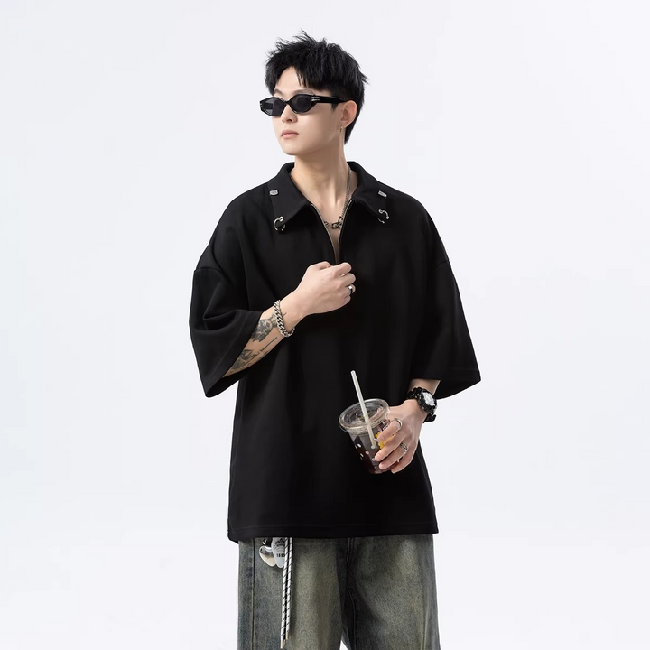 HALF ZIP PIERCED OVERSIZED T-SHIRT BEDES4634