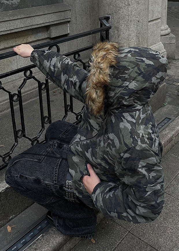 ジャケット・アウター \"FURX  Camo Hooded Jacket\" Women's Hooded puffer jacket in dirt-effect camo denim