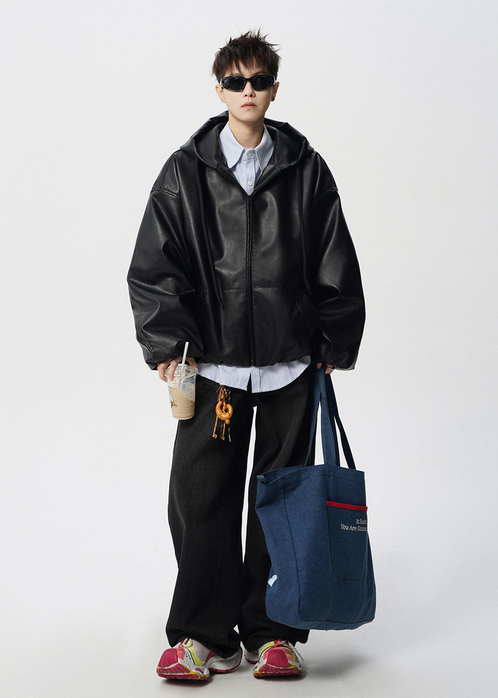 VOLUME SLEEVE HOODED LEATHER JACKET BEDES4535