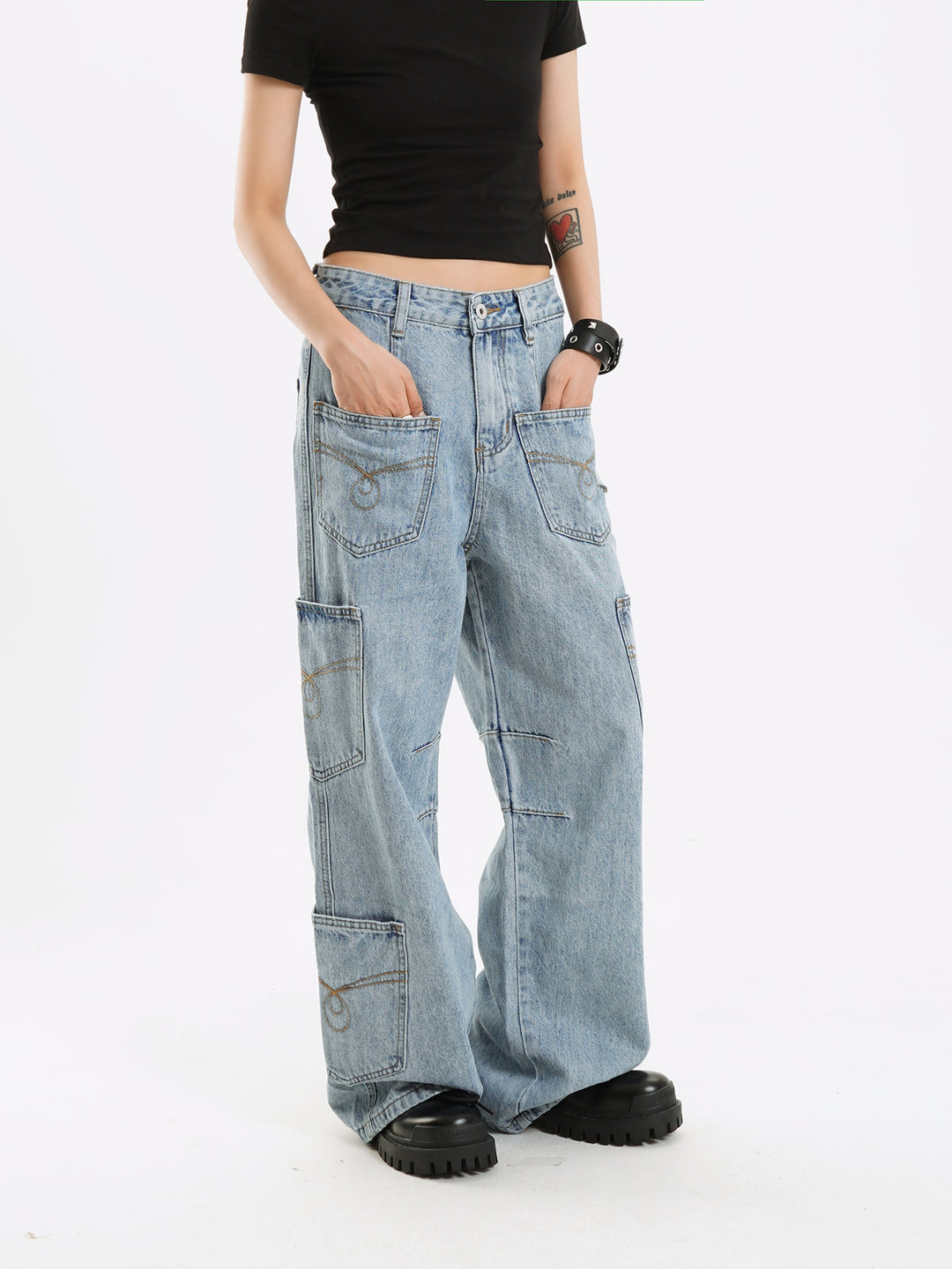 MULTI POCKETS WASHED DENIM PANTS MNDES4299