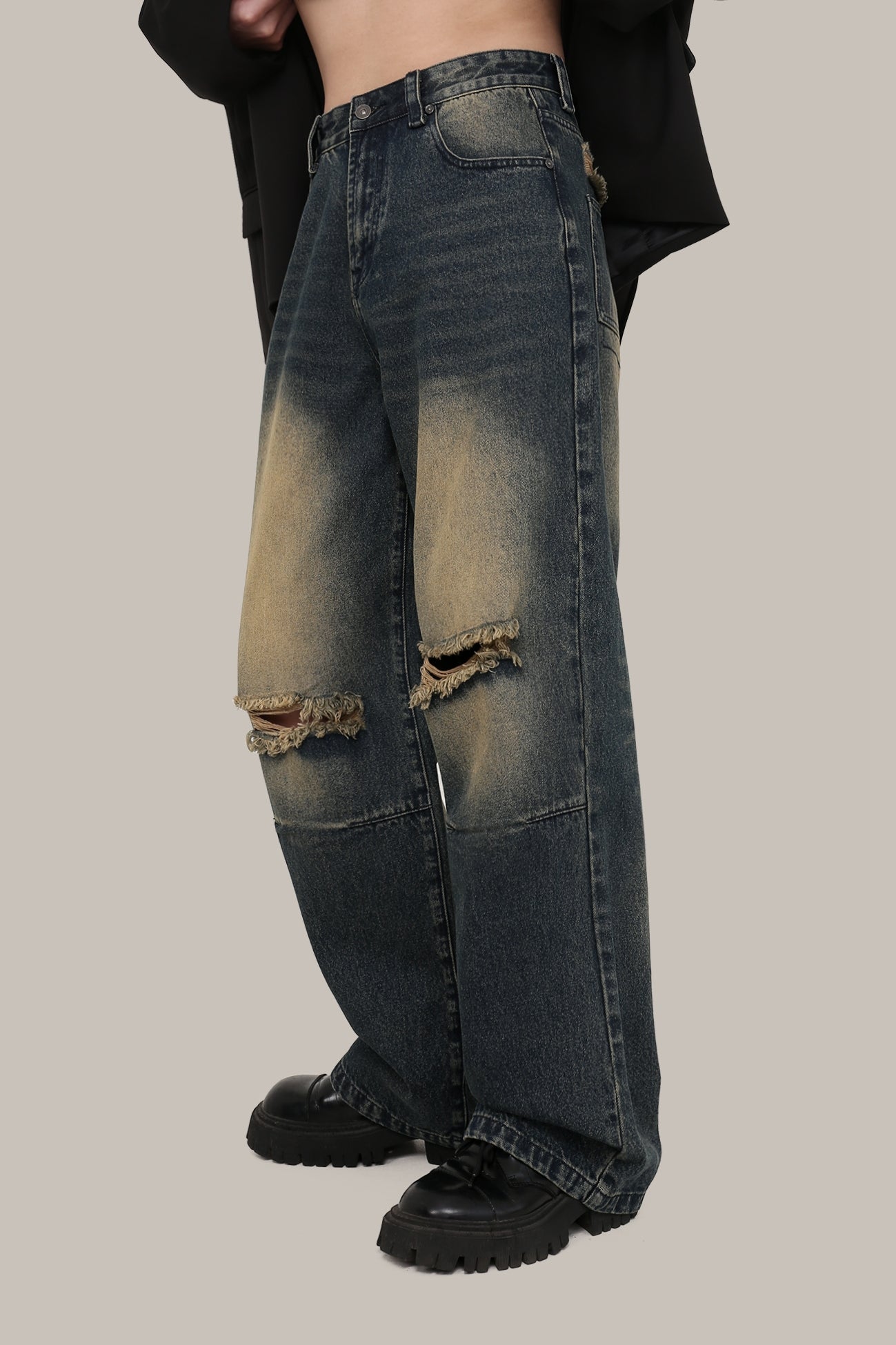 Damaged Washed Jeans Pants腿囲74